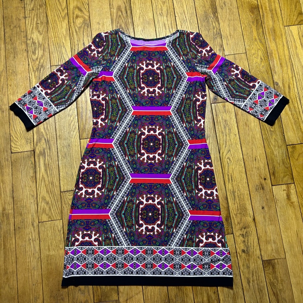 Paisley Geometric Kaleidoscope Print Sheath Dress 3/4 Sleeve Multi-Color